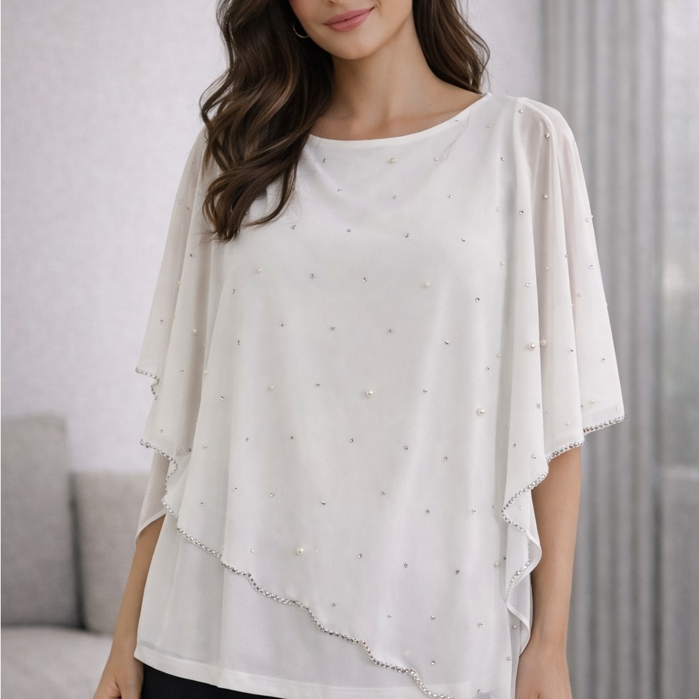 MSK Ivory Embellished Poncho Blouse Pearl Rhinestone Overlay – Size S (NWT)